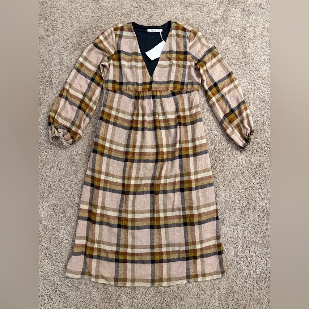 Zara Midi Dress Women size Medium Brown Plaid Long Sleeve Vneck Slim Dress